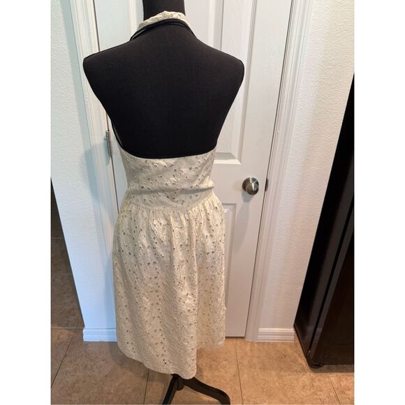 Anthropologie Eyelet Halter Silk Ivory Dress Black Trim  Sz 6 See Description - Picture 4 of 8